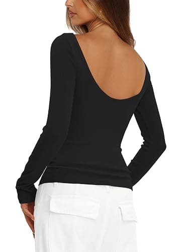 Darong Womens Long Sleeve Boat Neck Top Sexy Backless Slim Fit Basic Tee T-Shirt Ribbed Knit Going Out Tops thumbnail 2