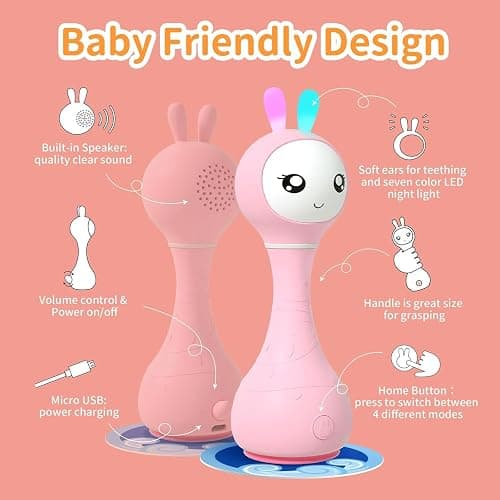 alilo Smarty Bunny Baby Rattle Musical Light Up Sensory Toys, Infants Newborns Baby Teething Toys 0-3-6-7-12 Months,1 Year Old boy/Girl Gifts 4 Music Modes and Color Recognition Function (Pink) thumbnail 5