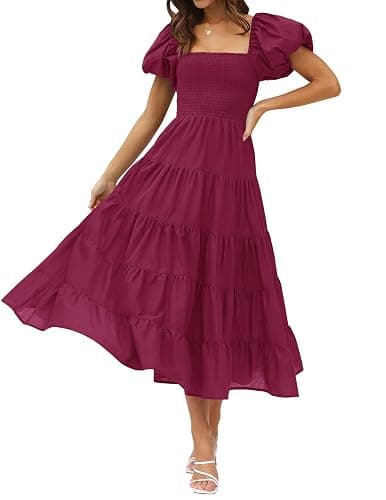 ZESICA Women's 2025 Summer Square Neck Short Puff Sleeve Solid Color High Waist Casual Smocked Flowy A Line Tiered Midi Dress - Image 1