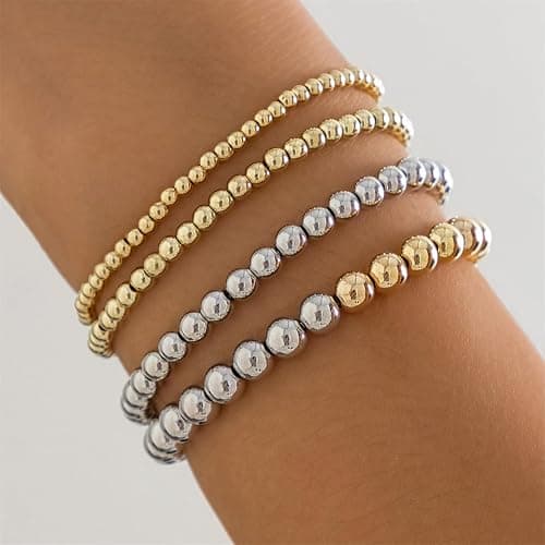 LXSSLY 5Pcs Gold Bead Bracelets Set for Women,14K Gold Plated Stackable Bead Ball Bracelets Set,Adjustable Chunky Bangles Bracelets,Boho Stretch Bead Ball Bracelet for Women thumbnail 4