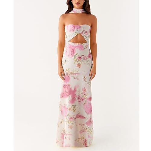 Womens Floral Strapless Maxi Bodycon Dress with Neck Scarf Sexy Cut Out Backless Tie Up Bandeau Tube Dresses thumbnail 2