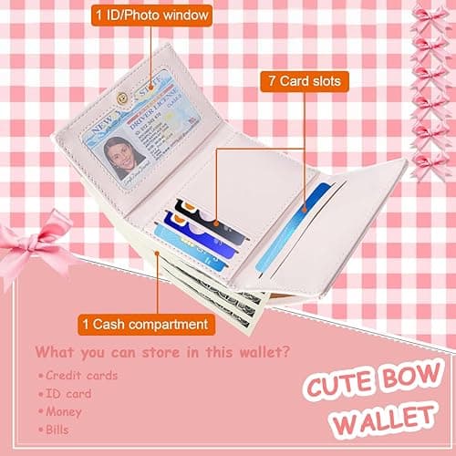 Sunwel Fashion Wallets Girls Cute Coquette Bow Small Wallet Aesthetic Card Holder ID Window Purse for Women (PINK) - PINK thumbnail 2