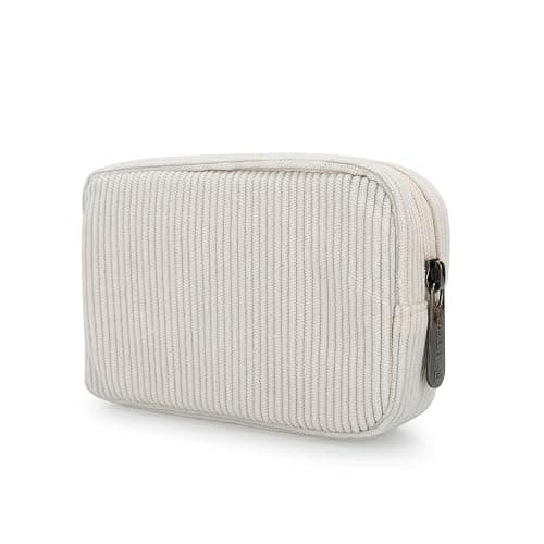 E-Tree Cute Small Makeup Bag,Cosmetic Toiletry Make up Little Items Pouch for Purse,Zipper Mini Tech Charger Cable Electronic Organizer Case,Travel Accessories for Women Men Teen,White Corduroy - Image 1