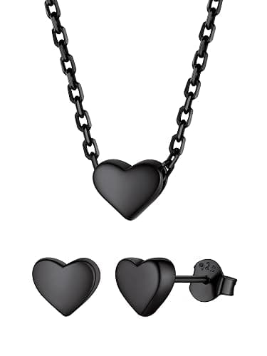 ChicSilver 925 Sterling Silver Heart Jewelry Set, Dainty Black Heart Necklace and Stud Earrings Set for Women - Image 1