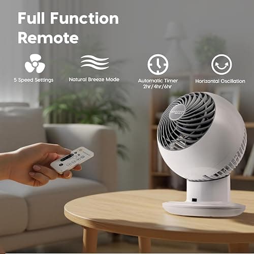 IRIS USA WOOZOO Air Circulator Fan with Remote, Oscillating, 5 Speeds, 82ft Max Air Distance, 90° Adjustable Tilt, 30db Quiet Motor, Small Fan for Bedroom, Office, Dorm, White thumbnail 7