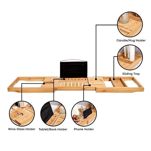 Lux Bath Extendable Bath Caddy | Hands-free Bath Tray to Safely Hold Your Tablet, Phone, Wine Glass and Candles | Fits Any Standard Bath | Non-slip, Water-resistant, and Made from Natural Bamboo thumbnail 5