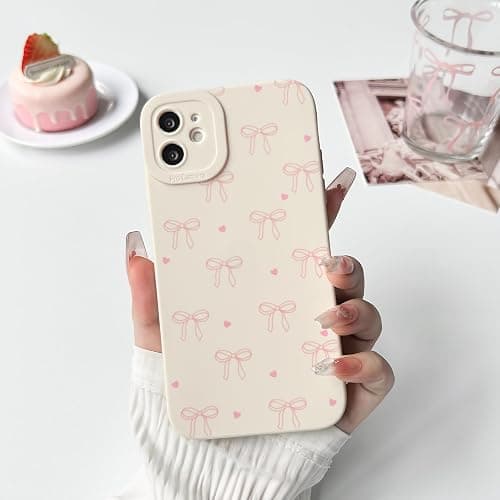 NITITOP Compatible with iPhone 12 Mini Case Cute Aesthetic Bow Ribbon Love Heart Pattern Design for Women Girls Soft TPU Bowknot White Back Shockproof Protective Phone Cover - Pink thumbnail 4