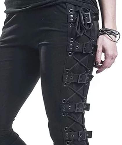 xxxiticat Women's Sexy Black Satin Side Lacing Solid Pants Long Bodycon High Waist Bandage Slim Thick Lace Up Leggings, Buckle-black, Medium thumbnail 2