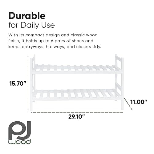 PJ Wood - Stackable White Wooden Shoe Rack - 2 Tier, 6 Pair | 29.1 x 29.1 x 15.7 in, Freestanding Floor Mount, No Assembly Required, Polished Waxed Finish, Rectangular Design, Hallway thumbnail 3