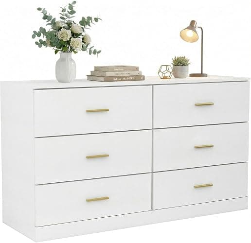 MUTOVA White 6 Drawer Dresser for Bedroom Modern Chests of Drawers with Gold Handle 47" Wooden Closet Dresser Long Storage Cabinet Organizer Dresser TV Stand thumbnail 9