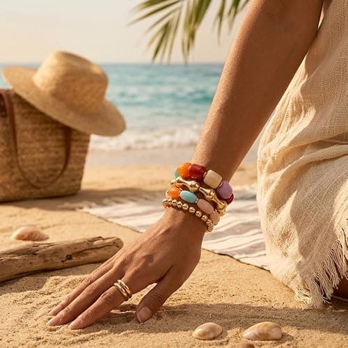 DIOWUS Colorful Beaded Bracelet Set For Women, 4pcs Gold Tone Chunky Stackable Resin Acrylic Bead Stretch Bracelets Boho Summer Beach Gift Jewelry thumbnail 5