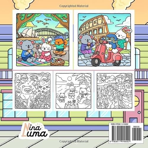 Snuggly Friends - Traveling the World: Super Cute and Fun Coloring Book for Adults and Teens with Cozy Fuzzy Animal Characters in Hygge Holiday Escapes for Relaxation with Exclusive Music thumbnail 2