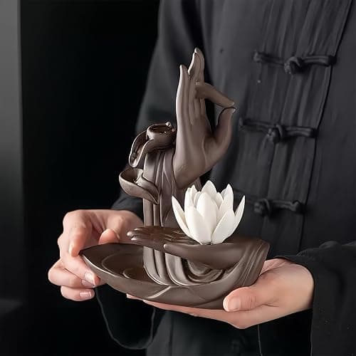 XINGZUAN Lotus Hand Backflow Incense Burner– Ceramic Cones Incense Holder Waterfall Incense Burner & Incense Waterfall Fountain for Zen Decor Backflow Incense Cone Burner thumbnail 3