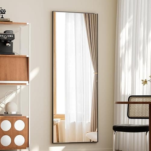 BEAUTYPEAK 21"x56" Full Length Mirror with Stand, ShatterVue Tempered Full Body Mirror, Floor Mirror with Aluminum Alloy Thin Frame, Free Standing or Wall-Mounted Mirror for Living Room, Black thumbnail 5