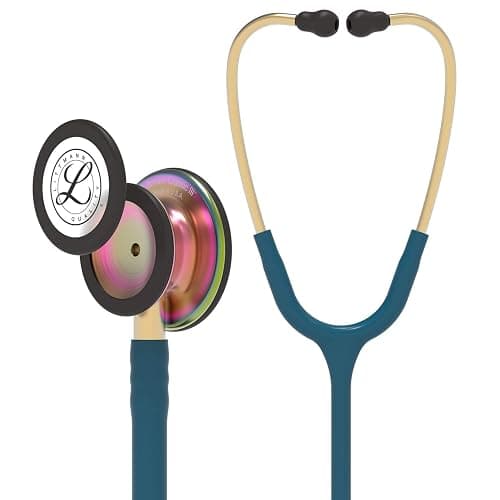 3M Littmann Classic III Monitoring Stethoscope, 5807, More Than 2X as Loud, Weighs Less, Stainless Steel Rainbow-Finish Chestpiece, 27" Caribbean Blue Tube, Brass Stem and Headset - Image 1