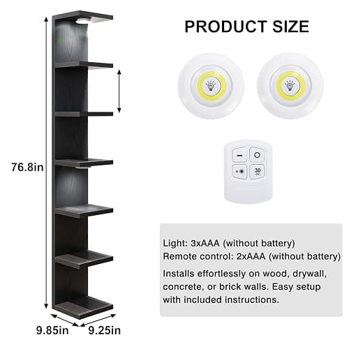Fixwal 7 Tier Wall Shelf with LED Lights Lack Shelf for Room Decor (Black) | 76.8in Tall, Holds 11Lbs per Tier, Flexible Section Installation, Fits Any Room Decor thumbnail 3