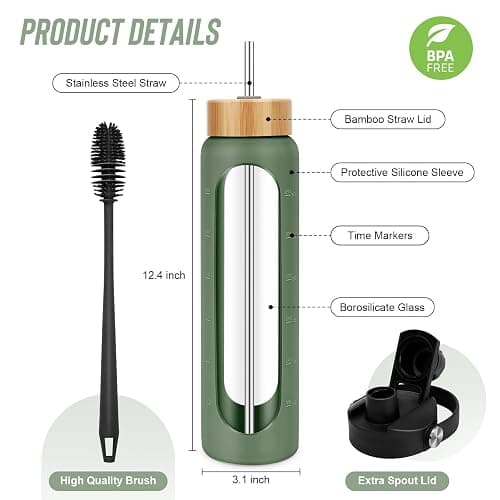 FULBEVY 32 oz Glass Water Bottles - 1 Liter Motivational Tumbler With Time Marker - Borosilicate Glass With Silicone Sleeve and 2 Lids, Handle Spout & Bamboo Straw Lid thumbnail 2
