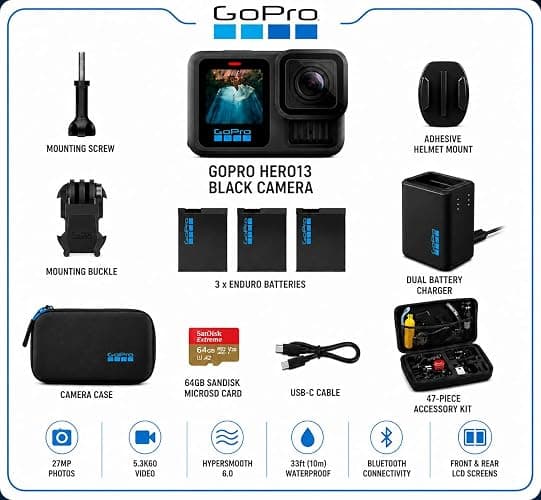 GoPro HERO13 Black Action Camera with 3 Enduro Batteries, Dual Charger, 64GB SD, 5.3K HDR Video, 27MP Photos, HyperSmooth Stabilization, Waterproof Design, 47-Piece Accessory Kit, 1-Year Warranty thumbnail 2