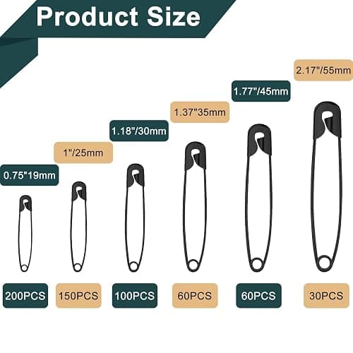 NEBURORA 600Pcs Black Safety Pin Assorted Size Safety Pin Small and Large Safety Pins for Clothes Home School Office Sewing Craft and Arts Pinning thumbnail 2