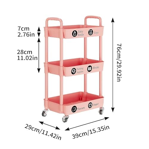 Laiensia 3-Tier Rolling Cart with Wheels,Multifunction Utility Storage Carts, Kitchen Storage Organizer,Mobile Shelving Unit for Bathroom,Laundry,with Classified Stickers,Pink thumbnail 3