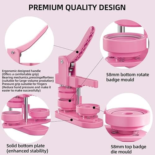 FreeingBAG Button Maker Machine 58mm - (3 Gen) Installation-Free (2.25in) DIY Badge Button Maker Press Machine Badge Punch Press with 100pcs Button Parts Pictures (Pink, 2.25 inch / 58mm) thumbnail 5