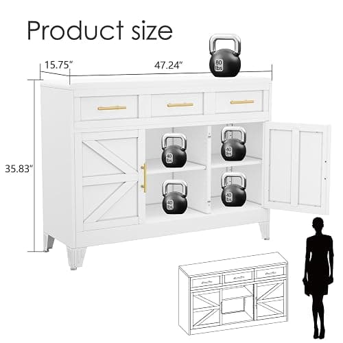Sideboard Buffet Cabinet with Drawers, White 47.2" Large Sideboard Cabinet with Doors & Adjustable Shelves, Modern Farmhouse Coffee Bar Console Table, Coffee Bar for Kitchen, Dining Room thumbnail 3