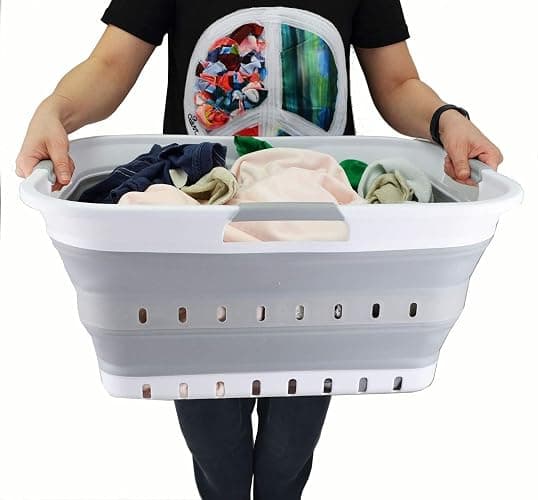 SAMMART 42L (11 gallon) Collapsible Plastic Laundry Basket - Foldable Pop Up Storage Container/Organizer - Space Saving Hamper/Basket (1, White/Grey) thumbnail 8