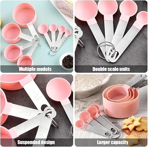 JUNEYEHX 8-Piece Pink Measuring Tools - Nylon, 4 Measuring Cups / 4 Measuring Spoons with Metal Handles for Liquids and Solids (Pink) thumbnail 5