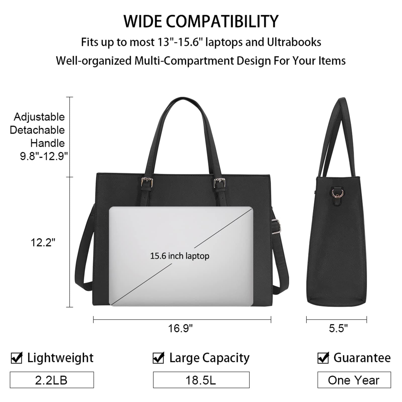 NUBILY Handbag Shopper for Women Large Black Handbag Leather Shoulder Bag Work Bag Large Laptop Business School Bag 39.5cm Black Large thumbnail 7