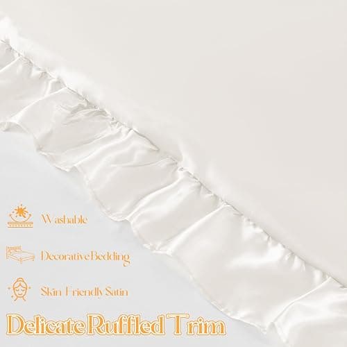 NSGZ Ruffled Satin Pillowcase Set of 2, Standard 20x26 Inch, Ivory White | 3-Inch Ruffled Edge Design, Friction-Reducing Satin For Hair And Skin Care, Envelope Closure, Easy Machine Wash thumbnail 4