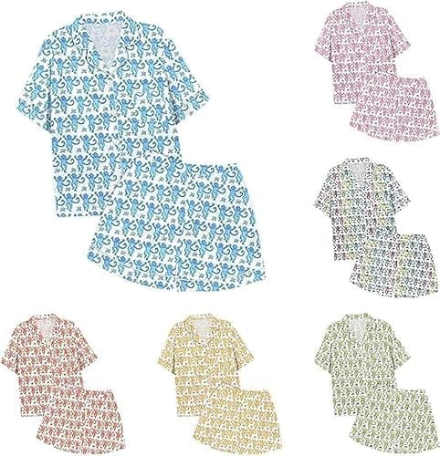 Summer Pajamas For Girls, Roller Dupes Rabbit Preppy, 2 Piece Button Down Monkey Bunny Shorts Set thumbnail 2