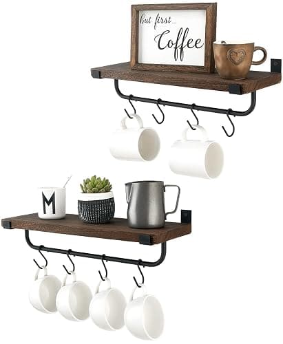 Mkono Mug Holder Wall Mounted Coffee Mug Rack Set of 2 Rustic Floating Shelf for Coffee Bar Accessories Wood Tea Cup Hooks Hanger for Organizing Cooking Utensils, Home Kitchen Decor, Brown - Image 1