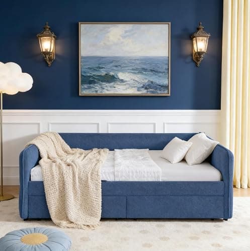 Bellemave Queen daybed with 2 Drawers, Queen Corner Bed, Upholstered Bed Frame with 2 Drawers for Kids,Teens,Adults, Boucle, Blue thumbnail 4
