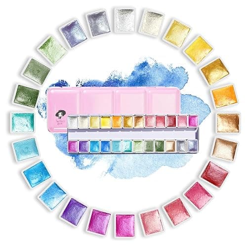 Paul Rubens Artist Watercolor Paints-Metallic Glitter Solid Colors-Pink Portable Metal Case with Palette-24 Color Set Sparkle Watercolor - Image 1