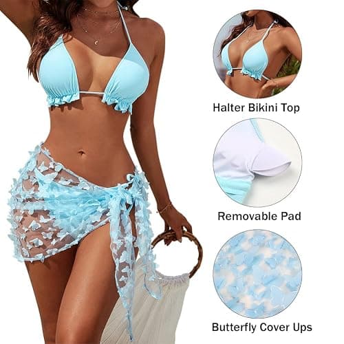 Blooming Jelly Womens 3 Piece Swimsuits Triangle Halter Thong Bikini Set Butterfly Bathing Suits Sarongs thumbnail 5