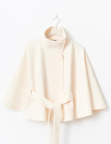 OPCAKM Women's Batwing Sleeve Poncho Coat Oversized Winter Pea Coat Stand Collar Cropped Cape Jacket with Belt thumbnail 6