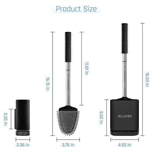 Sellemer Toilet Brush and Holder Set - Flexible Toilet Bowl Brush Head with Silicone Bristles, Compact Size for Storage and Organization, Ventilation Slots Base (2 Pack, Black) thumbnail 2
