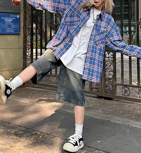 Hugboom Baggy Jean Shorts for Women Jorts Y2k Low Rise Wide Leg Denim Shorts Goth Summer Jeans Loose Streetwear Retro Blue thumbnail 5