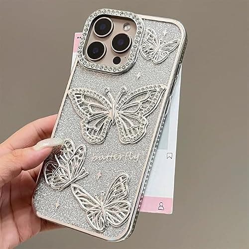 QKD for iPhone 14, Cute 3D Butterfly Glitter Case 6.1" – Plated Slim Protective Cover with Camera Protection, Drop-Resistant Bumper for Women & Girls (Silver) thumbnail 2
