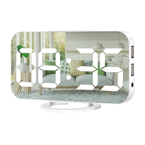 Muoigoe Digital Alarm Clock,Large Display LED And Mirror Desk Clock With Dual USB Charger Ports, 3 Levels Brightness,12/24H Alarm Clocks, Modern Electronic Clock for Bedroom Living Room Office - White - Image 1