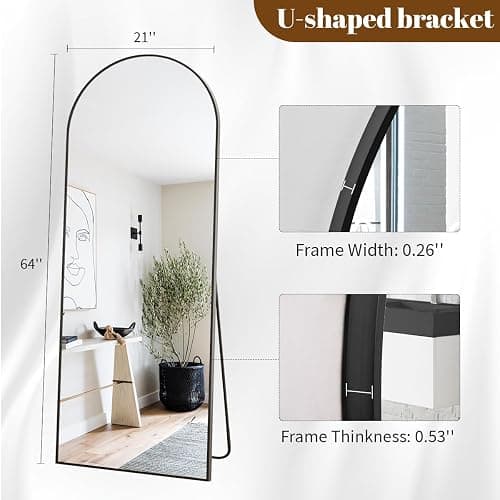 Koonmi Arched Full Length Mirror, 64"x21" Black Standing Hanging or Leaning Full Body Mirror with Aluminum Alloy Frame for Living Room and Bedroom thumbnail 2