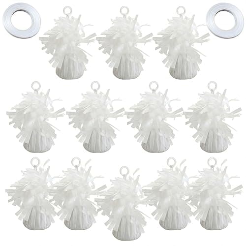 White Balloon Weights Pack of 12 with 5 Rolls White Crimped Ribbon, Well Made Durable Balloon Anchors for Parties, Birthdays, Weddings, and Professional Event Decorations - Image 1