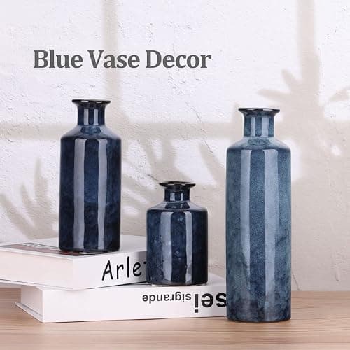 Blue Ceramic Vase Set - 3 Blue Small Vases, Farmhouse Country Flower Vase Home Decor, Living Room Decoration, Table Decoration, Fireplace Decor, and Entrance Decorations Centerpieces thumbnail 8