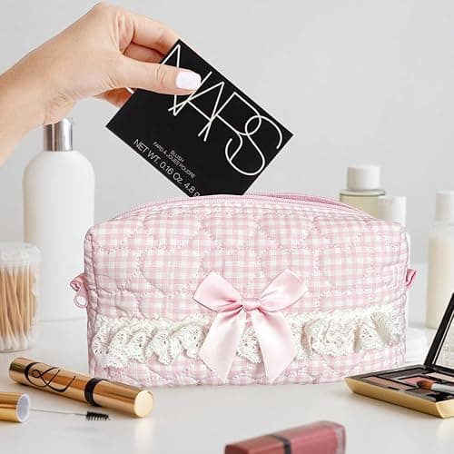 Modacarry Small Quilted Makeup Bag Touch-up Pouch Coquette Cosmetic Bag for Women Girls (PINK CHECKERED) thumbnail 2