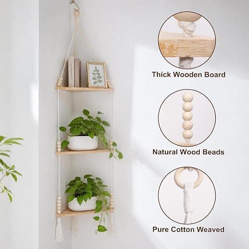 Artilady Macrame Corner Shelf Wall Hanging 3-Tier, Adjustable Boho Wood Plant Shelves Display for Indoor Candle Holder, Bedroom Living Room Home Decor (Beige 3-Tier) thumbnail 6
