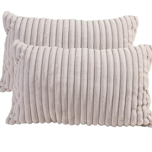 SofyCotty Faux Fur Striped Throw Pillow Covers Set of 2 Ultra Soft Shaggy Plush Pillow Cases Standard/Queen Size Decorative Fluffy Pillowcases Pillow Shams with Zipper Closure(Standard,Cream White) thumbnail 5