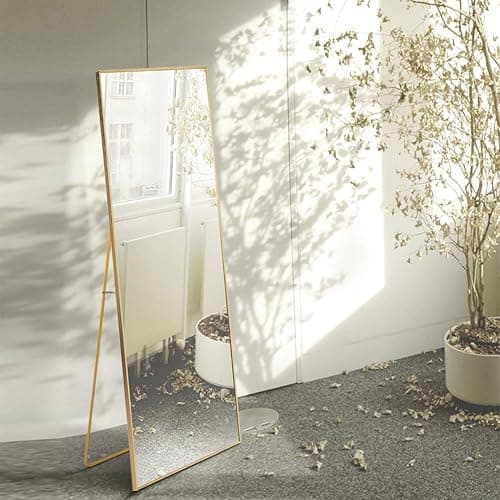 Floor Mirror 150 x 40 cm, Full Length Rectangular Floor Mirror, Wall Mirror for Hanging or Standing, with Black Aluminium Frame, for Bathroom, Bedroom, Entryway (Gold, 150 x 40 cm) thumbnail 4