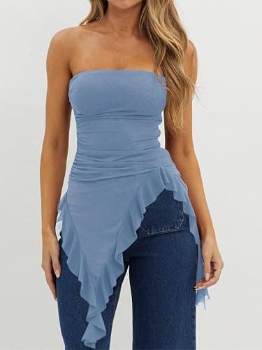 Womens Strapless Tube Tops Summer Asymmetrical Long Ruched Mesh Shirts Cute Y2k Ruffle Hem Going Out Bandeau Top thumbnail 4