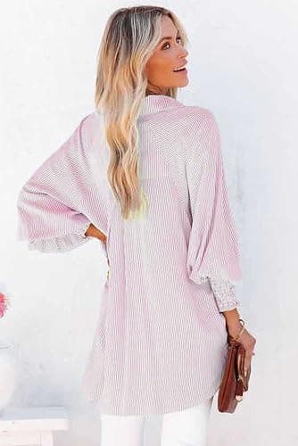 Womens Smocked Cuffed Striped Boyfriend Shirt Casual Collar Long Sleeve Oversized Button Down Blouse Tops with Pocket Shirred thumbnail 2