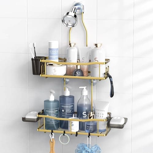 Aitatty Hanging Shower Caddy Bathroom Organizer: Rustproof Shower Shelf Racks Over Shower Head - No Drilling Inside Bath Shower Rack Shelves Over Showerhead for Shampoo with Soap Holder Gold - Gold - Image 1